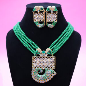 Beaded Necklace with Small Cut Green Beads and Golden Elephent Pendant