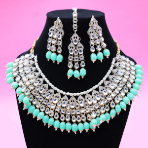 Kundan Broad Neclace with Mint Green Beads