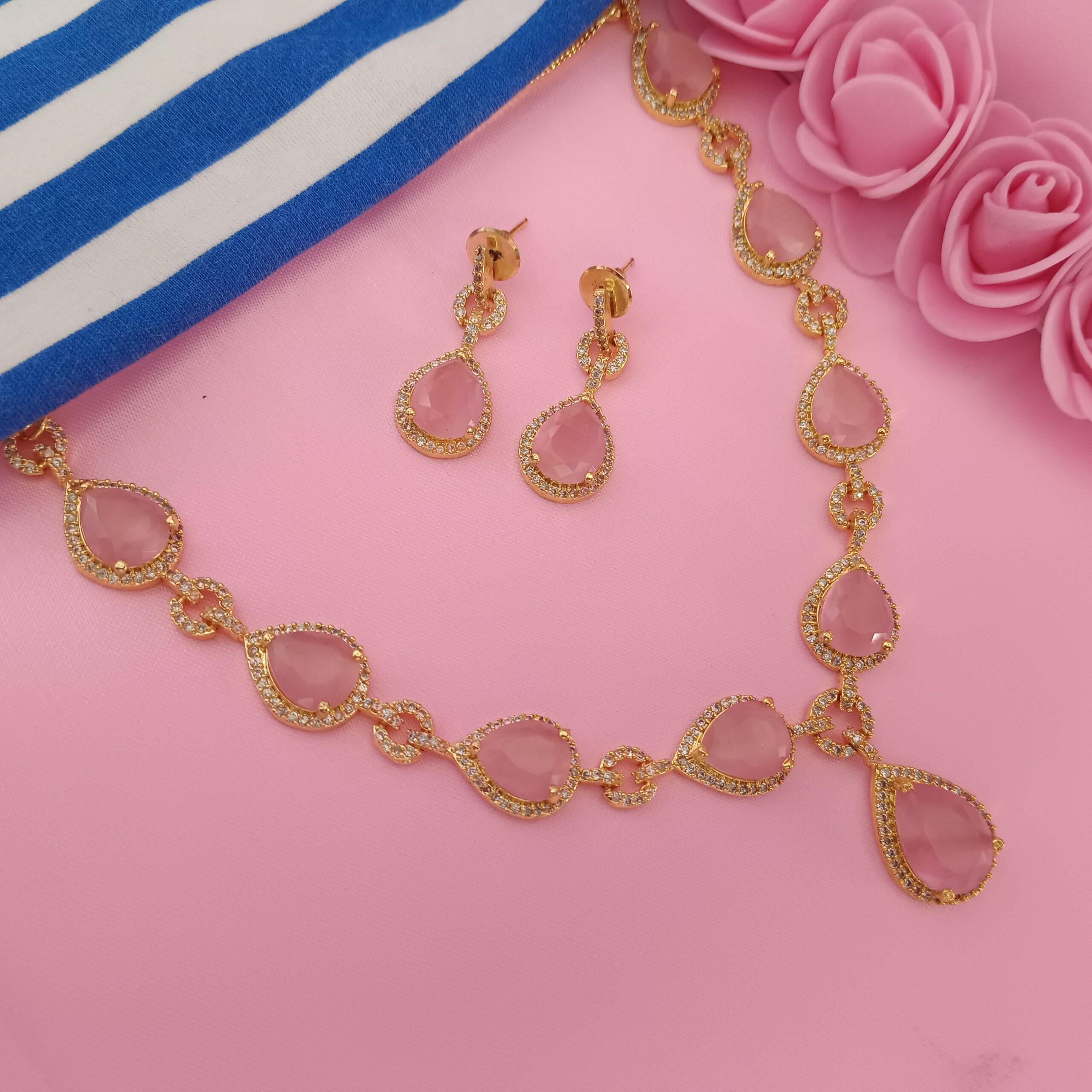 Graceful Pink Necklace Set with Golden Base