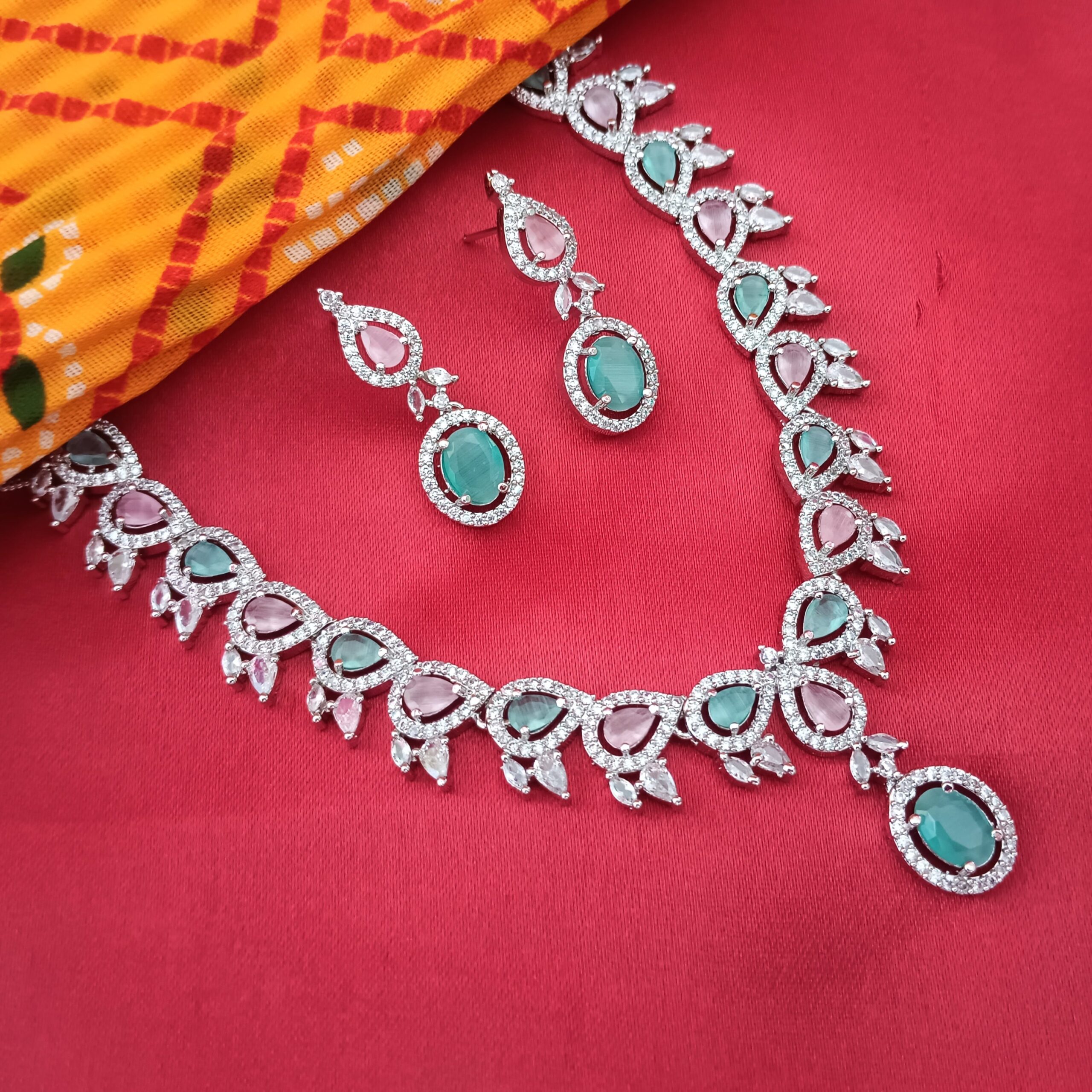 Stylish AD Necklace Set with Mint & Pink Stones