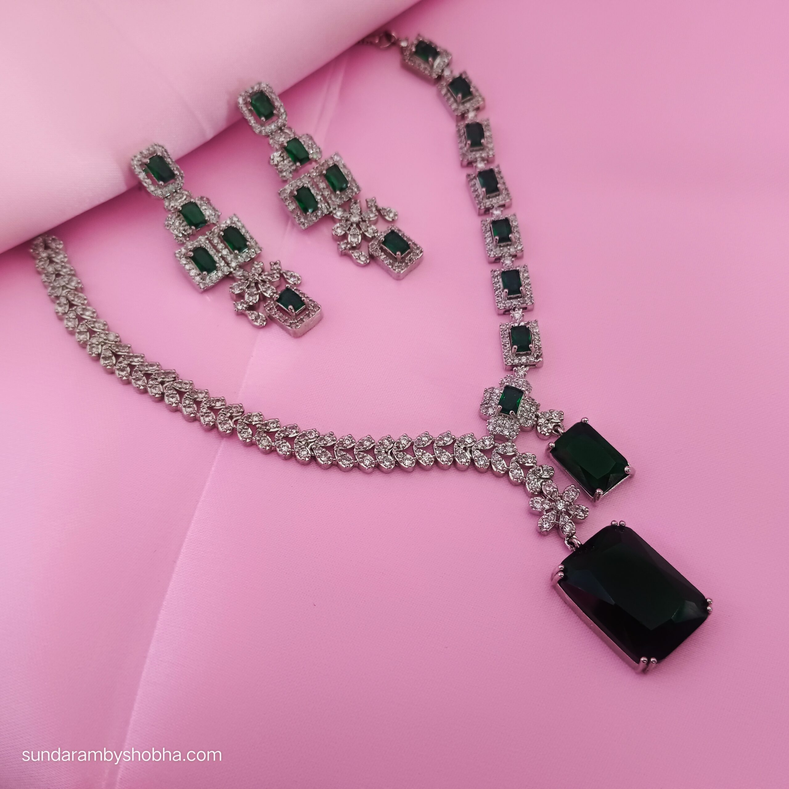 Designer American Diamond Necklace with Big Green Stone Pendant