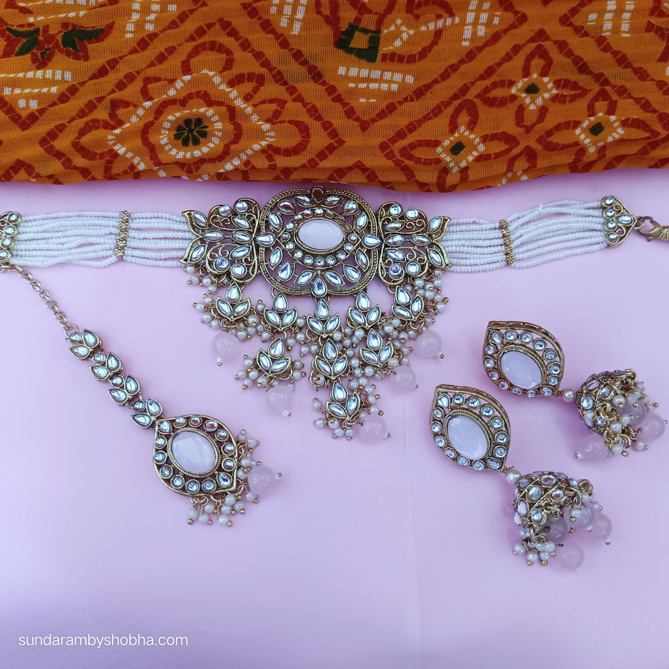 Beautiful Party Wear Pink Choker Set with Tika