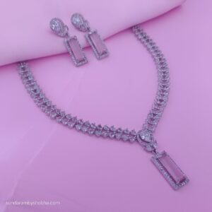 Elegant American Diamond Necklace Set with Pink Pendant and Drop Earrings
