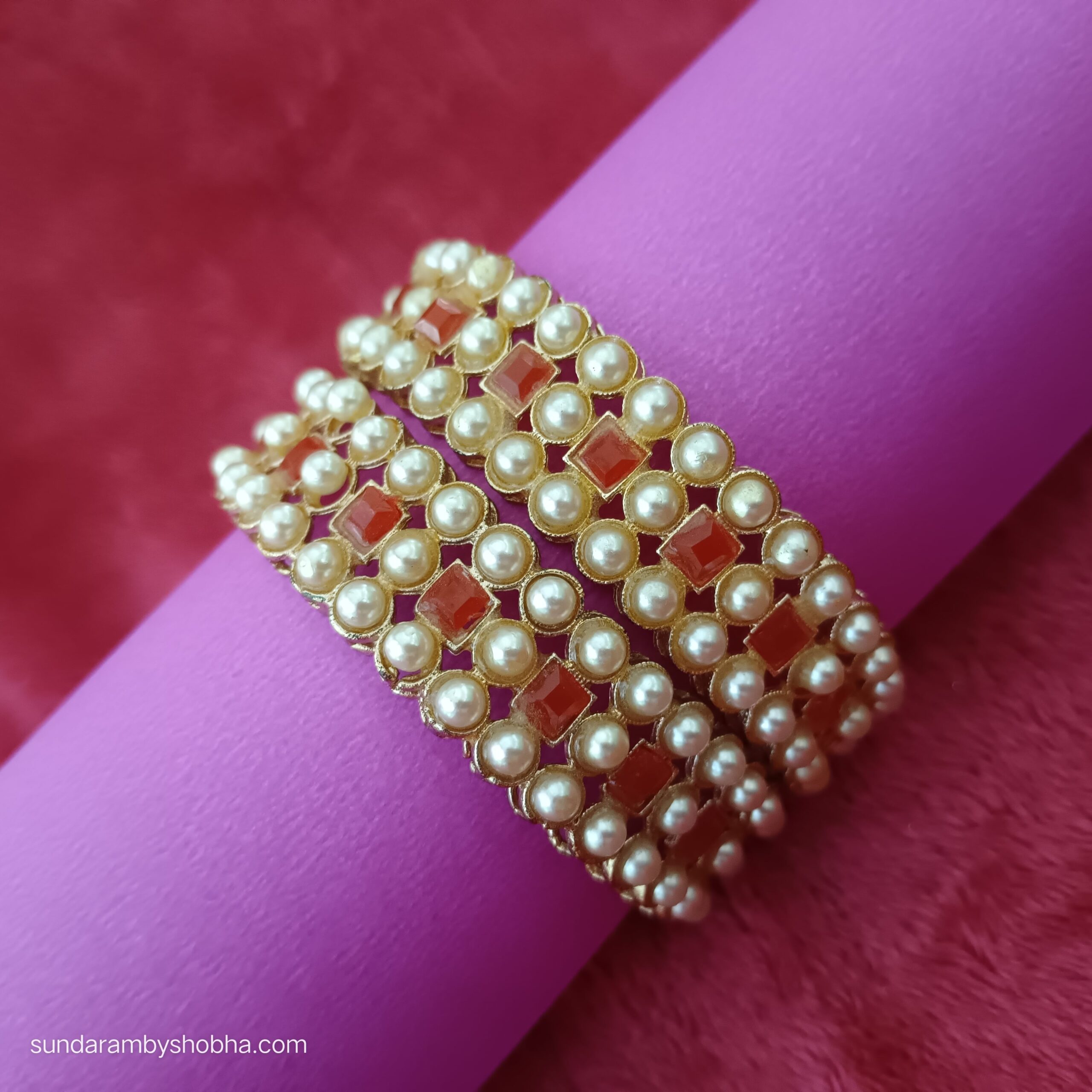 Fancy Metal Bangle with White Pearls (Set of 2)